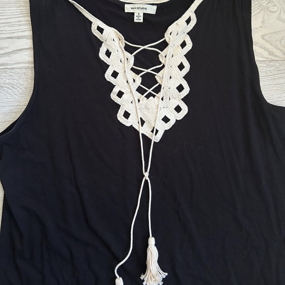 Max Studio Lace-Up Crochet Neck Tassels Sleeveless Dress - Picture 10 of 16